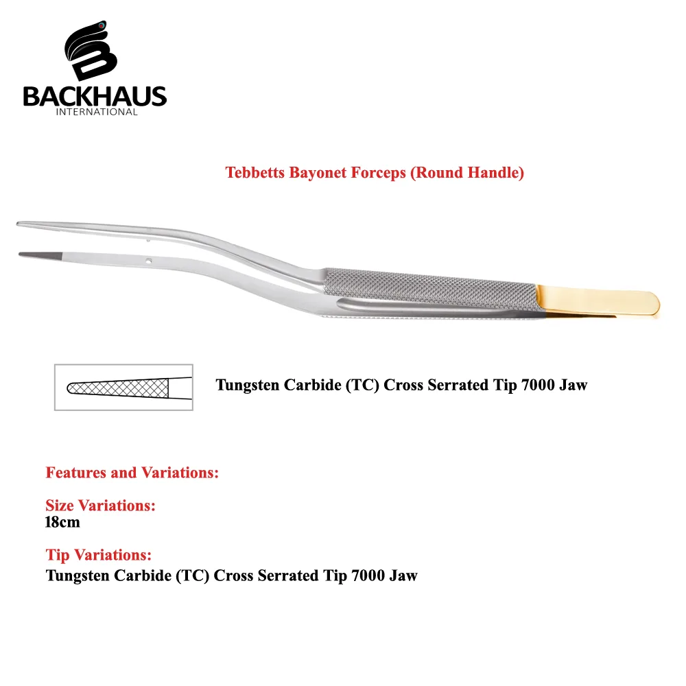 Tebbetts Bayonet Forceps (Round Handle) 18cm, Cross Serrated TC Tip 7000 Jaw